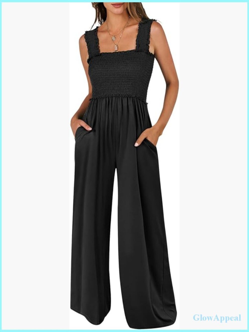 Womens Sleeveless Square Neck Wide Leg Jumpsuit Romper with Pockets